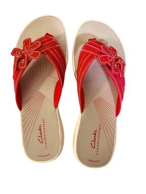 Clarks Cloudsteppers Cushionsoft Red Thong Sandal Flip Flops 9M EUC